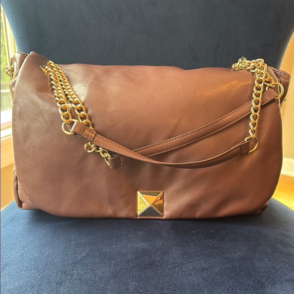 INC International Concepts Gold and Brown Shoulder Bag with Chain Detail
